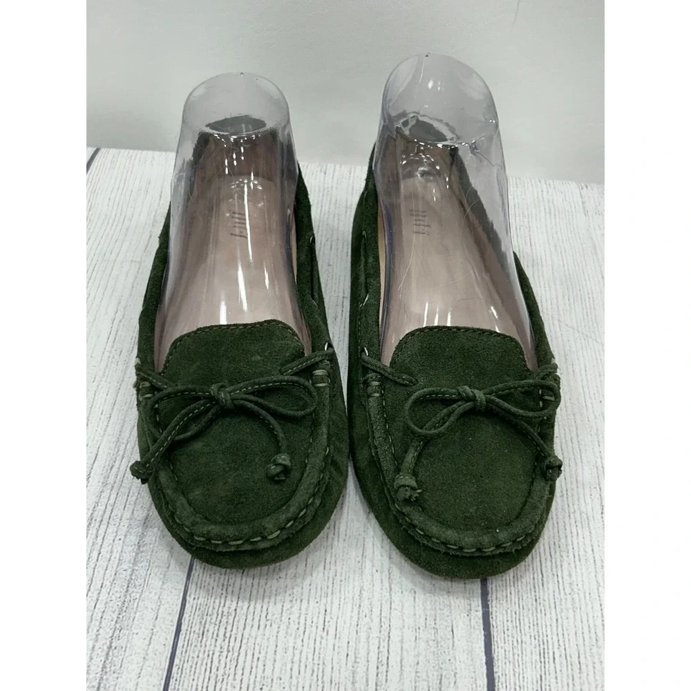 J.Jill Green Leather Driving Loafers Womens 9.5 Moc Toe Bow Slip On Shoes‎